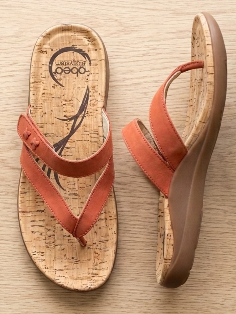 ABEO B.I.O.system Coral Orange Leather Cork Thong Sandals — Women’s Size 8